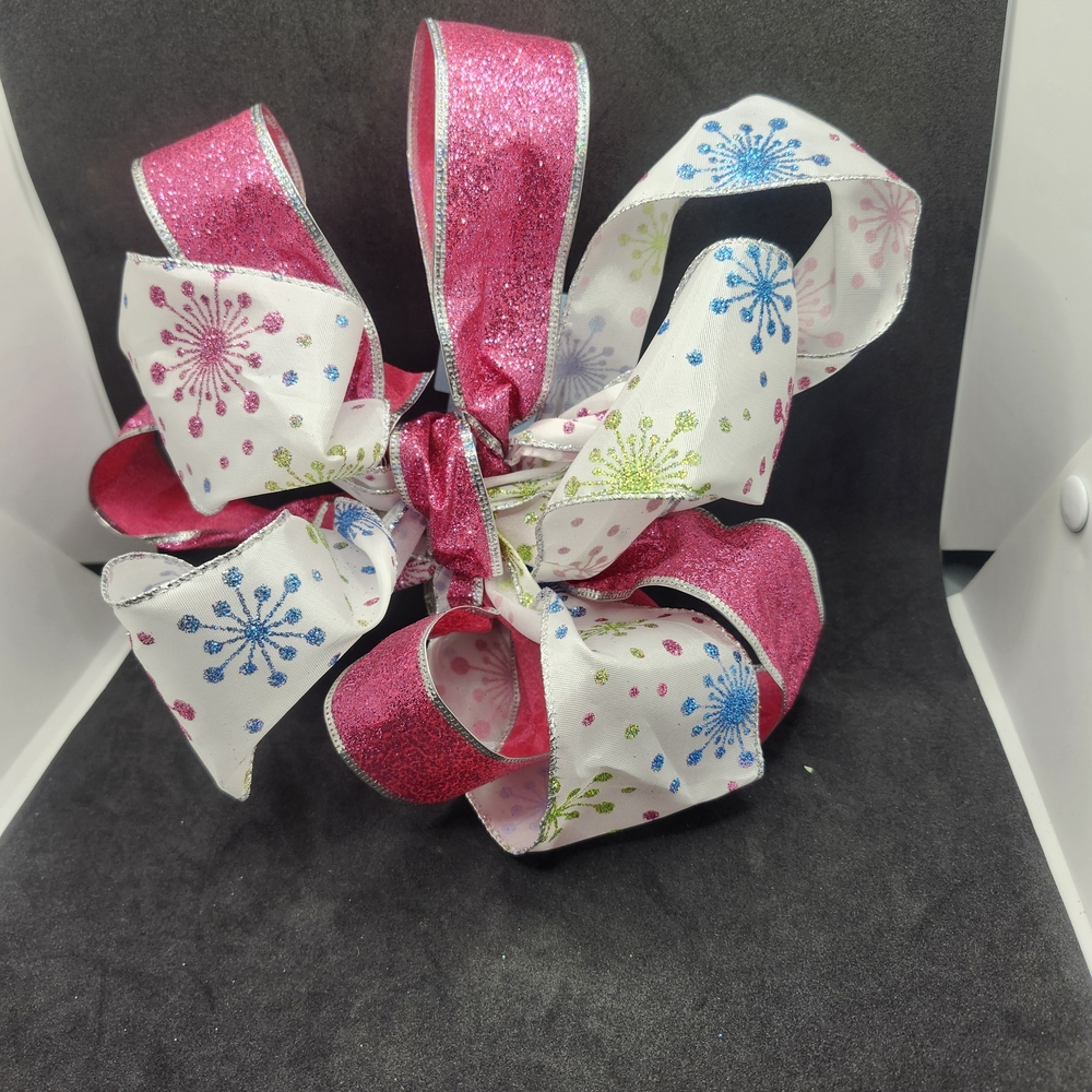 Pink and White Glitter Bow Hair Barrette Clip